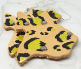 Texas Shaped Hand Painted Gold and Black Leopard Print Real Leather Earrings with Rhinestone Accents