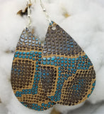 Brown and Turquoise Snakeskin Teardrop Shaped Real Leather Earrings