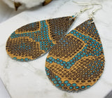 Brown and Turquoise Snakeskin Teardrop Shaped Real Leather Earrings