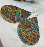 Brown and Turquoise Snakeskin Teardrop Shaped Real Leather Earrings