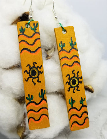 Hand Painted Southwestern Theme on Brown Real Leather Strip Earrings