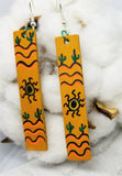 Hand Painted Southwestern Theme on Brown Real Leather Strip Earrings