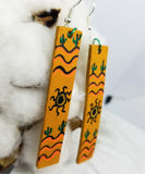 Hand Painted Southwestern Theme on Brown Real Leather Strip Earrings
