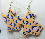 Texas Shaped Hand Painted Pink and Blue Leopard Print Real Leather Earrings