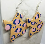Texas Shaped Hand Painted Pink and Blue Leopard Print Real Leather Earrings