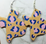 Texas Shaped Hand Painted Pink and Blue Leopard Print Real Leather Earrings