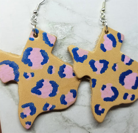 Texas Shaped Hand Painted Pink and Blue Leopard Print Real Leather Earrings