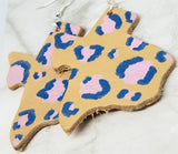 Texas Shaped Hand Painted Pink and Blue Leopard Print Real Leather Earrings