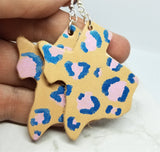 Texas Shaped Hand Painted Pink and Blue Leopard Print Real Leather Earrings