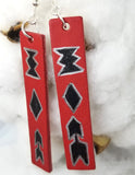 Hand Painted Tribal Theme on Red Real Leather Bar Earrings