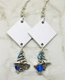 White Diamond Shaped Leather Earrings with Sailboat Charms and Glass Beads