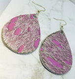 Metallic Pink and White Hair on Hide Leather Tear Drop Earrings