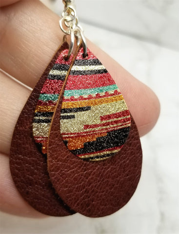 Brown Tear Drop Shaped Real Leather Earrings with Metal Southwestern Themed Charm Overlay