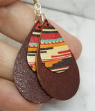 Brown Tear Drop Shaped Real Leather Earrings with Metal Southwestern Themed Charm Overlay