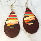 Brown Tear Drop Shaped Real Leather Earrings with Metal Southwestern Themed Charm Overlay