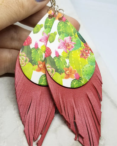 Cactus Faux Leather with Fringed Real Leather Earrings