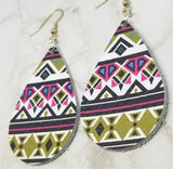 Aztec Patterned Tear Drop Shaped Real Leather Earrings