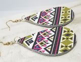 Aztec Patterned Tear Drop Shaped Real Leather Earrings