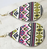 Aztec Patterned Tear Drop Shaped Real Leather Earrings