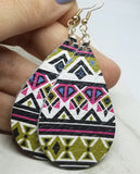 Aztec Patterned Tear Drop Shaped Real Leather Earrings