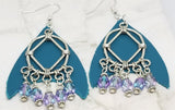 Teal REAL Leather Earrings with Silver Chandelier and Czech Glass Bead Dangles