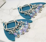 Teal REAL Leather Earrings with Silver Chandelier and Czech Glass Bead Dangles