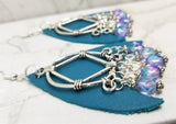 Teal REAL Leather Earrings with Silver Chandelier and Czech Glass Bead Dangles