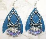 Teal REAL Leather Earrings with Silver Chandelier and Czech Glass Bead Dangles