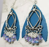 Teal REAL Leather Earrings with Silver Chandelier and Czech Glass Bead Dangles