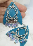 Teal REAL Leather Earrings with Silver Chandelier and Czech Glass Bead Dangles