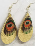 Metallic Gold Tear Drop Shaped Real Leather Earrings with Metal Peacock Feather Charm Overlay