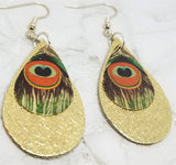 Metallic Gold Tear Drop Shaped Real Leather Earrings with Metal Peacock Feather Charm Overlay