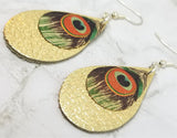 Metallic Gold Tear Drop Shaped Real Leather Earrings with Metal Peacock Feather Charm Overlay