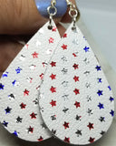Red, White and Silver Foil Stars on White Teardrop Shaped REAL Leather Earrings