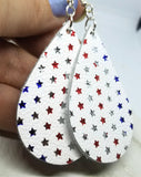 Red, White and Silver Foil Stars on White Teardrop Shaped REAL Leather Earrings