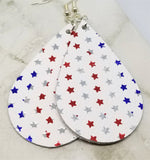 Red, White and Silver Foil Stars on White Teardrop Shaped REAL Leather Earrings