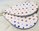 Red, White and Silver Foil Stars on White Teardrop Shaped REAL Leather Earrings