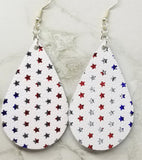 Red, White and Silver Foil Stars on White Teardrop Shaped REAL Leather Earrings