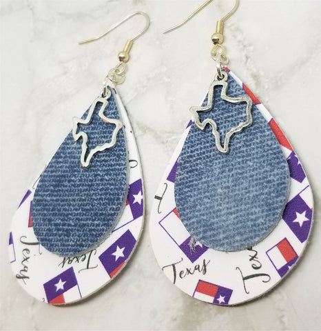 Texas Faux Leather Earrings with a Denim Finish Real Leather Overlay and Texas Charm