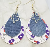 Texas Faux Leather Earrings with a Denim Finish Real Leather Overlay and Texas Charm