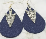 Shimmering Blue Teardrop Shaped Real Leather Earrings with Arrowhead Charm Overlay