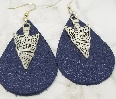 Shimmering Blue Teardrop Shaped Real Leather Earrings with Arrowhead Charm Overlay