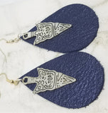 Shimmering Blue Teardrop Shaped Real Leather Earrings with Arrowhead Charm Overlay