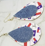 Texas Faux Leather Earrings with a Denim Finish Tear Drop Shaped Real Leather Overlay