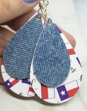 Texas Faux Leather Earrings with a Denim Finish Tear Drop Shaped Real Leather Overlay