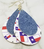 Texas Faux Leather Earrings with a Denim Finish Tear Drop Shaped Real Leather Overlay