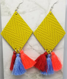 Mustard Yellow Diamond Shaped Real Leather Earrings with String Tassels