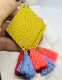 Mustard Yellow Diamond Shaped Real Leather Earrings with String Tassels