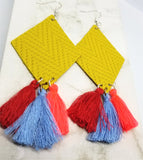 Mustard Yellow Diamond Shaped Real Leather Earrings with String Tassels