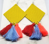 Mustard Yellow Diamond Shaped Real Leather Earrings with String Tassels